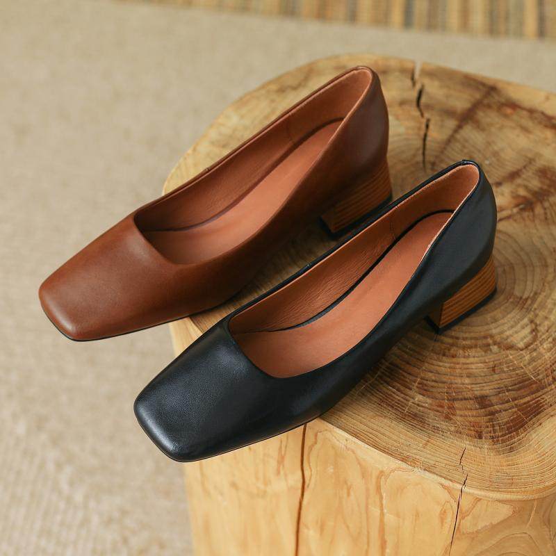 大码女鞋41—43复古真皮粗跟中跟方头黑色工作鞋浅口法式通勤单鞋