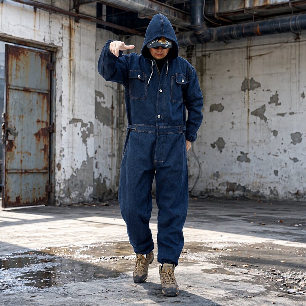连体牛仔工作服男宽松大码套装电焊劳保防烫抗火花焊工汽修工装裤