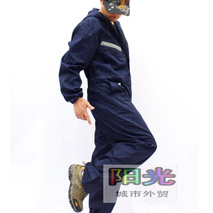 纯棉带帽连体工装制服船厂机修建筑结实耐磨宽松大码劳保工作裤帅