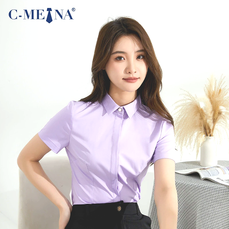 美娜职业女装女式衬衫女夏季短袖竹纤维气质修身时尚上衣正装衬衣