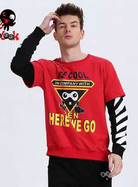 潮流指标/ 酷样红色点赞假两件卡通印花套头圆领卫衣韩版男女同款