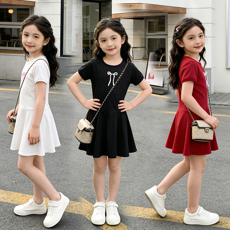 女童夏季连衣裙儿童新款2026小学生蝴蝶结裙女孩可爱裙子网红休闲