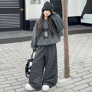 女童春秋款卫衣套装2026春装新款中大童宽松两件套学生条纹阔腿裤