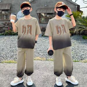 8岁男童夏季渐变短袖套装2025夏装 潮酷休闲透气两件套儿童运动风