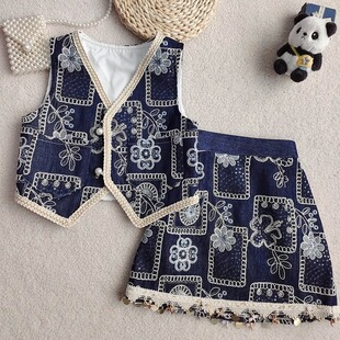 女童套装马甲短裙两件套夏季重工刺绣洋气时髦童装2025新款公主潮