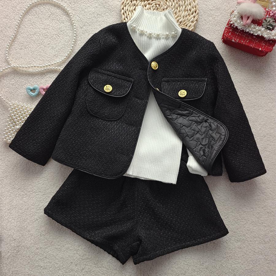 女童套装新品2024秋冬装加厚童装洋气两件套小香风微短款外套短裤