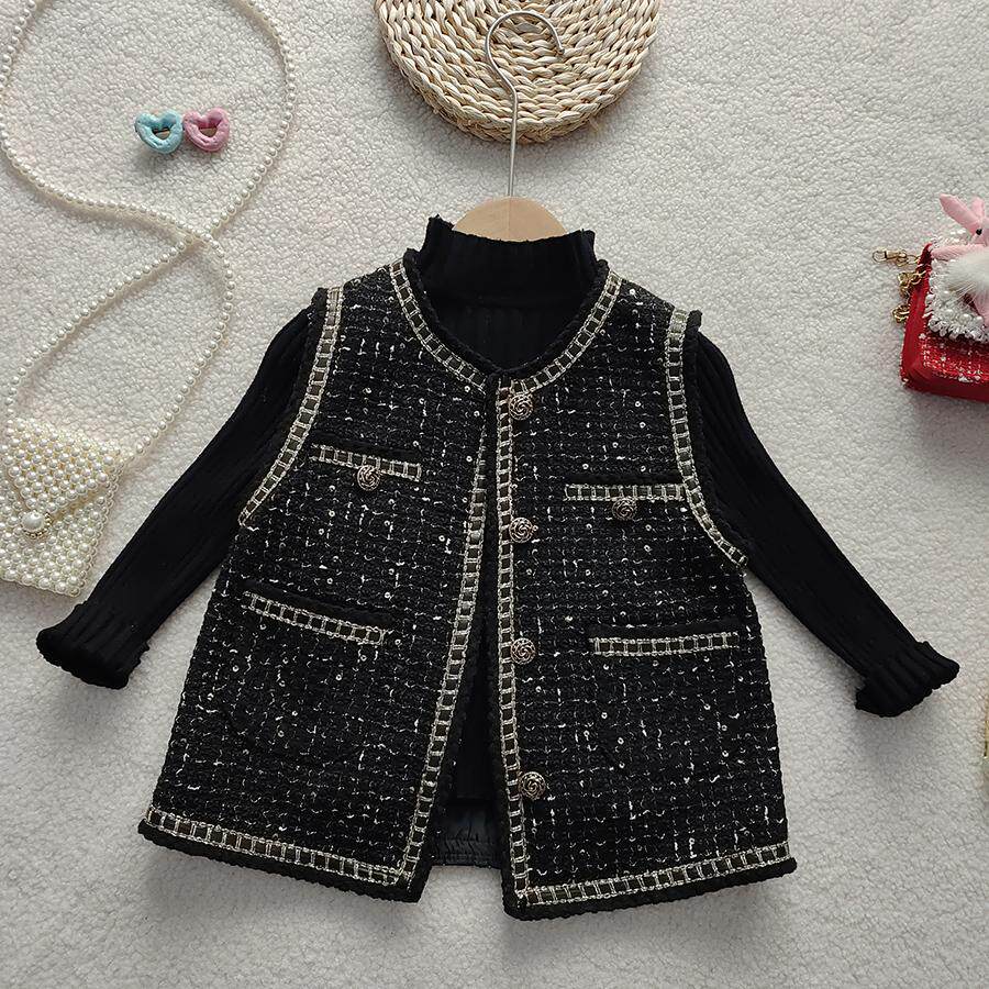 女童春秋加厚马甲常规款2024秋季新款小香风马夹外套粗花呢亲子装