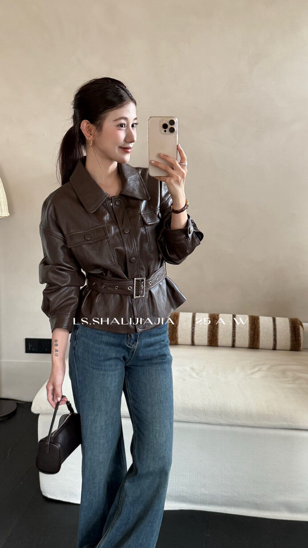 LS复古收腰皮夹克女冬季2025新款高级感宽松加棉皮衣休闲短外套