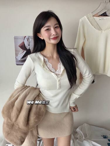 weme纯欲风蕾丝拼接纽扣假两件针织衫女秋季2026新款修身显瘦上衣