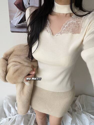 weme纯欲风蕾丝拼接挂脖针织衫女秋季2026新款修身显瘦打底衫上衣