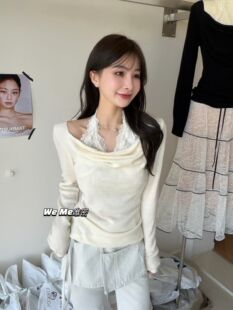weme春季2026新款复古蕾丝挂脖拼接假两件针织衫女修身显瘦上衣