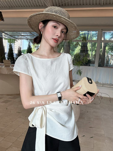 LS法式杏色方领天丝亚麻短袖上衣女夏季2026新款收腰显瘦系带衬衫