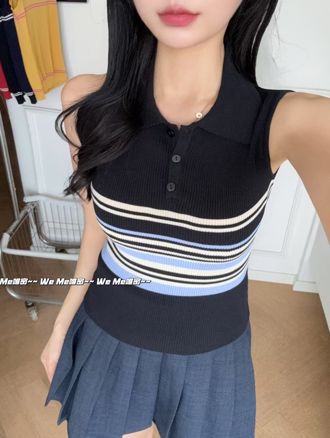 weme夏季2025新款法式polo领小个子修身短款冰丝无袖针织衫背心女