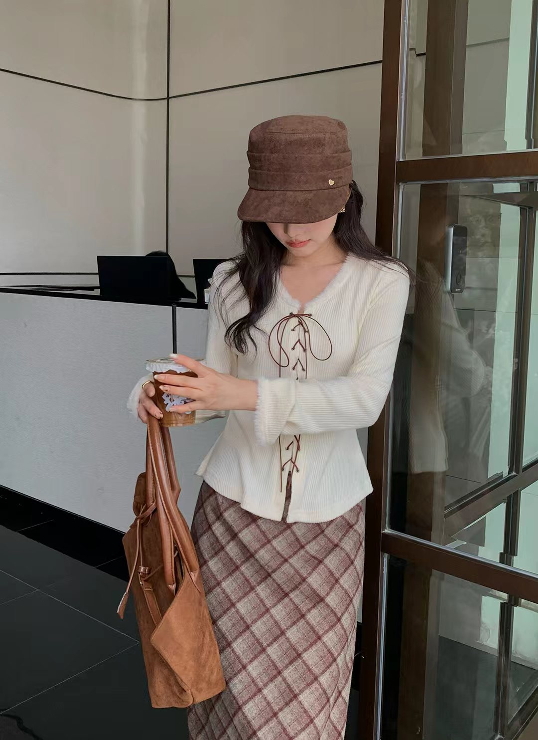 taotaofamily秋冬新款温柔风毛毛边V领绑带针织衫女长袖加绒上衣