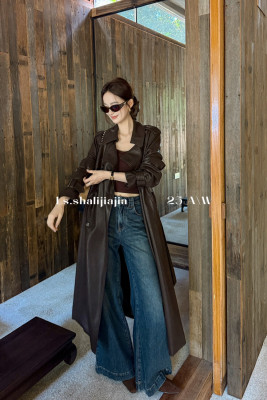 LS美拉德棕色高级感加绒皮衣女冬季2025新款PU皮风衣外套女中长款