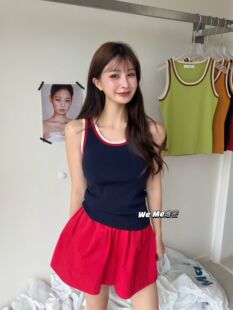 weme夏季2026新款复古撞色边无袖冰丝针织背心女修身显瘦吊带上衣