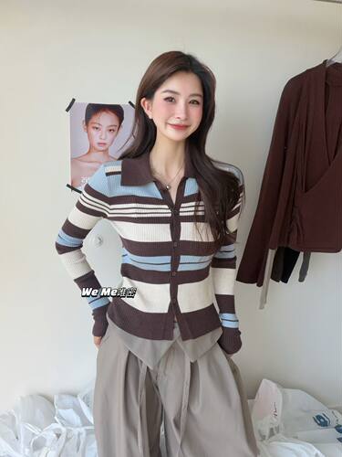 weme韩系条纹撞色polo领针织开衫女秋季2026新款软糯显瘦毛衣外套