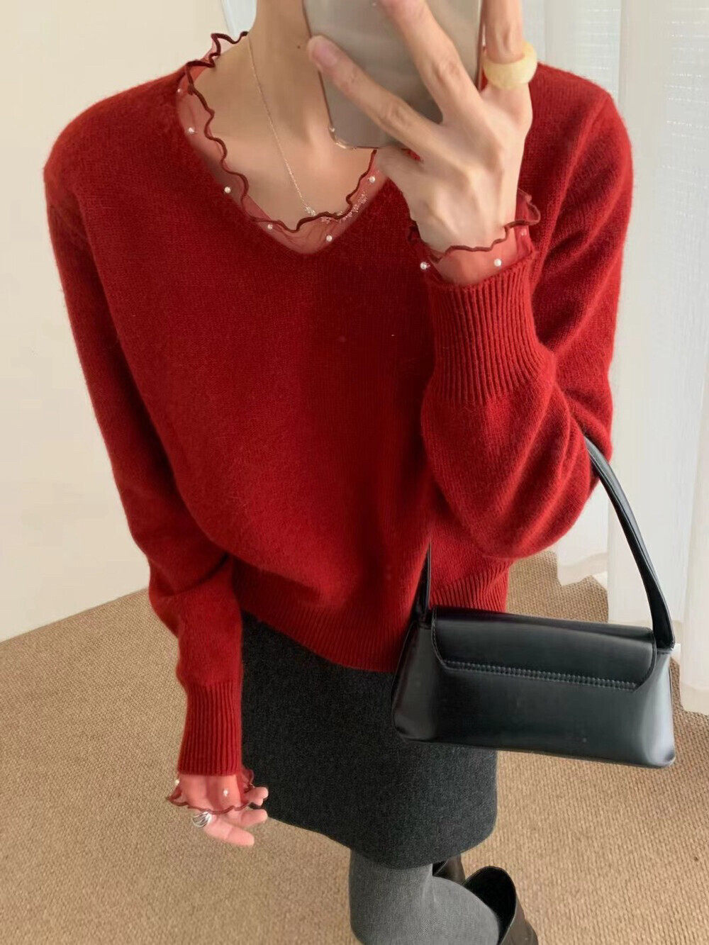 weme灰色网纱拼接钉珠v领套头针织衫秋冬新款小香风气质长袖毛衣