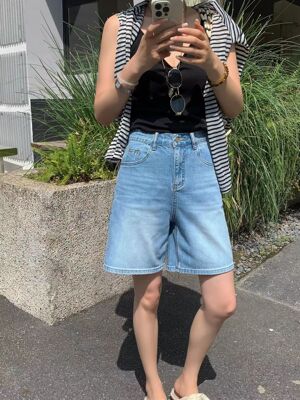 ACE四分裤女夏季2026新款韩版高腰刺绣小花a牛仔a字阔腿短裤3152