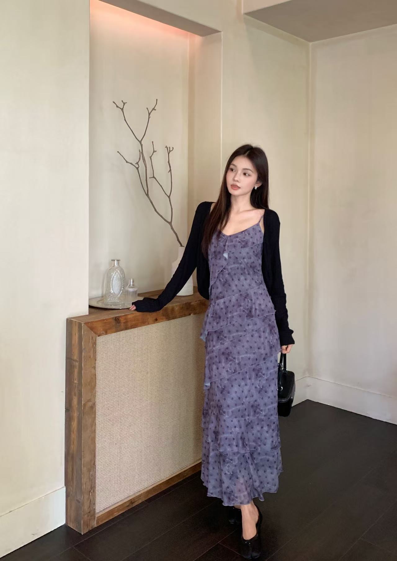 taotaofamily秋季法式荷叶边波点吊带连衣裙长袖针织披肩女两件套