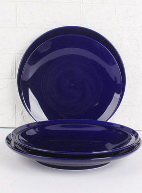 外贸尾单工厂清仓酒店餐馆大尺寸蓝色陶瓷餐盘鱼盘平盘汤盘托盘