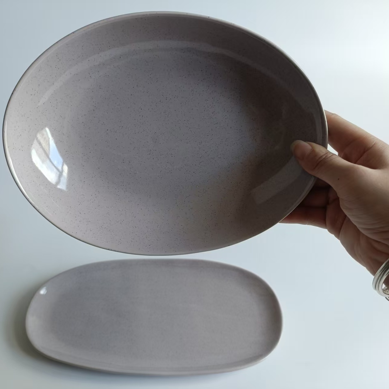 12寸 9寸 陶瓷日式椭圆藕粉色盘子家用菜盘子餐具大号沙拉盘微瑕