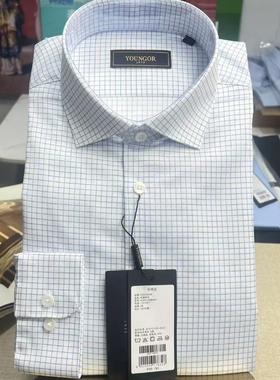 雅戈尔男士长袖衬衫纯棉格子蓝色修身商务休闲正品衬衣124884IBY