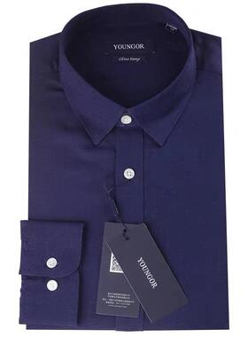 雅戈尔男士商务休闲藏青色长袖衬衫莱赛尔大麻标准版型YQAIKC180
