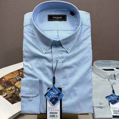 雅戈尔休闲长袖衬衫蓝色扣领格子
