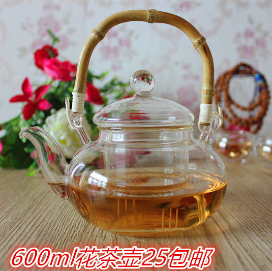 包邮耐热玻璃花茶壶可加热竹把提梁壶手工加厚泡茶壶功夫茶具套装