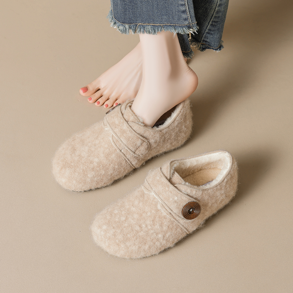 毛绒豹纹加绒厚底加绒保暖棉鞋内增高加绒玛丽珍毛毛鞋女勃肯鞋女