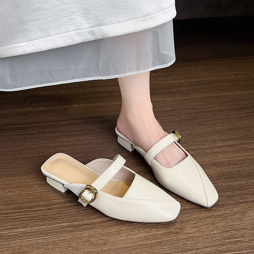 法式粗跟外穿通勤包头半拖鞋女