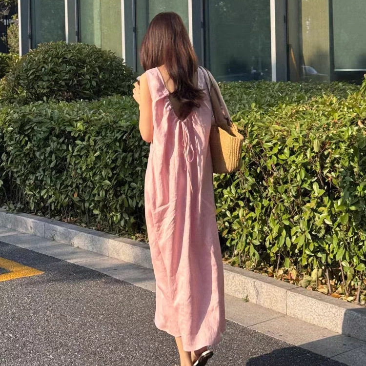 100亚麻粉色连衣裙2026夏季新款可调节吊带露背无袖背心裙女夏