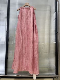 绯色事 植物染亚麻吊带连衣裙女宽松显瘦大摆裙褶皱无袖削肩长裙
