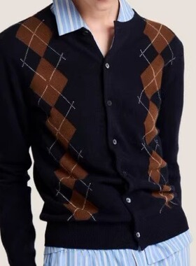 miu系25早秋新学院风撞色菱形格针织羊毛衫开衫内搭外穿薄暖外套