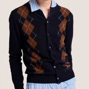 miu系25早秋新学院风撞色菱形格针织羊毛衫开衫内搭外穿薄暖外套