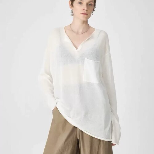 开间/懒人B入 轻盈微透三醋酸亚麻極简ROW剪刀领廓形卷边针织罩衫