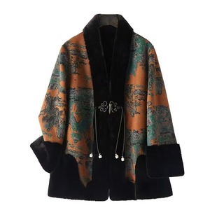 金黄色毛毛领V领女款 新中式 复古短外套水貂绒仿皮毛一体高贵时尚