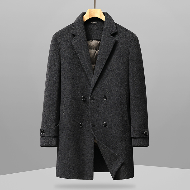 老干部中长款西装领羊毛呢风衣男