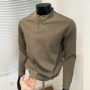 桃领华夫格卫衣男款2025新款秋冬季中青年休闲长袖t恤男纯色内搭