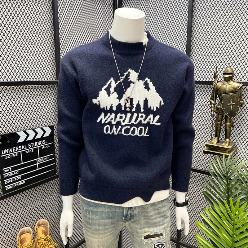 重磅800g北极绒假两件毛衣男秋冬季新款加厚大码慵懒风圆领针织衫