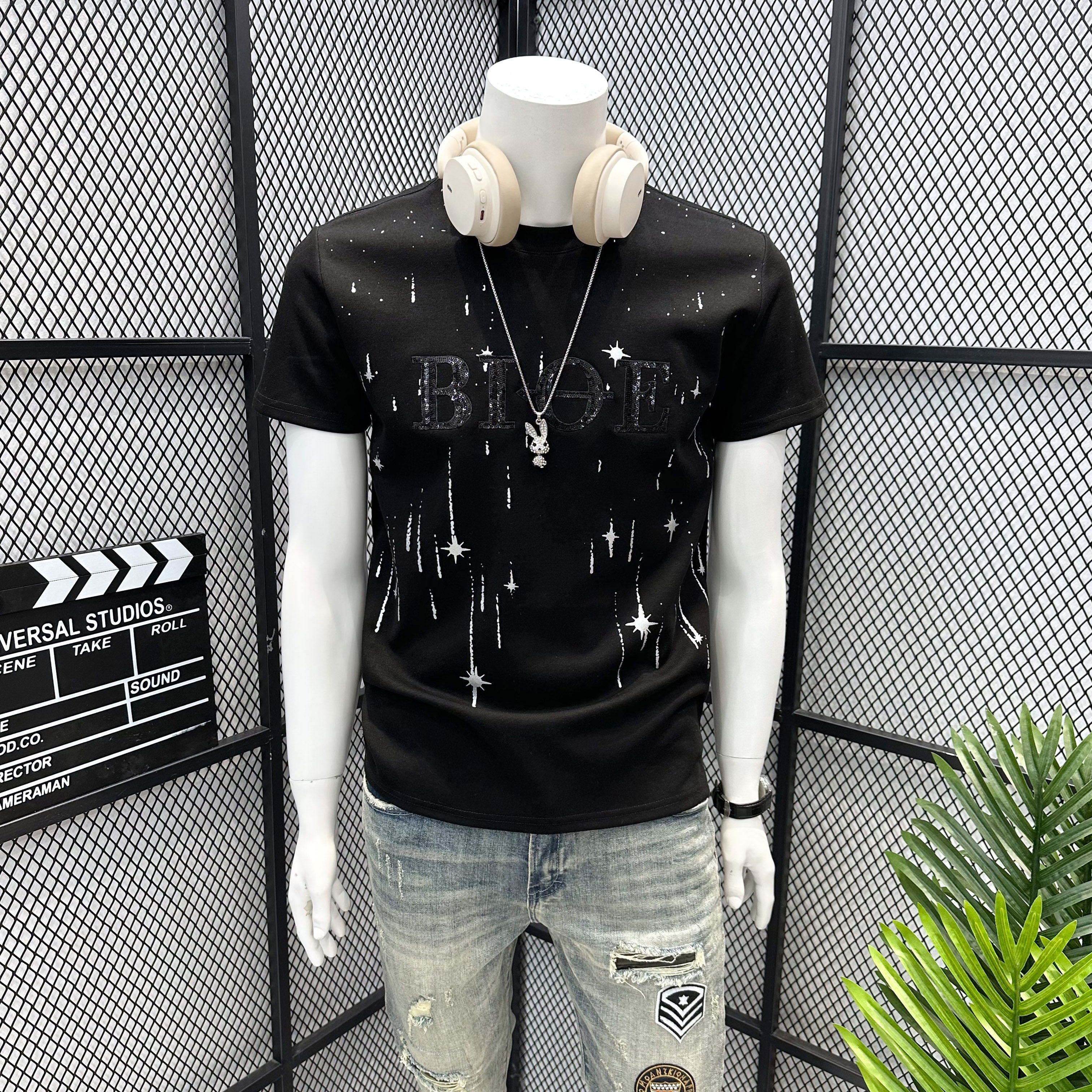 2025夏季新款韩版流行圆领满天星亮片短袖T恤男士休闲高品质半袖,男装,T恤,淘宝优惠券,粉丝福利购,淘宝优惠卷