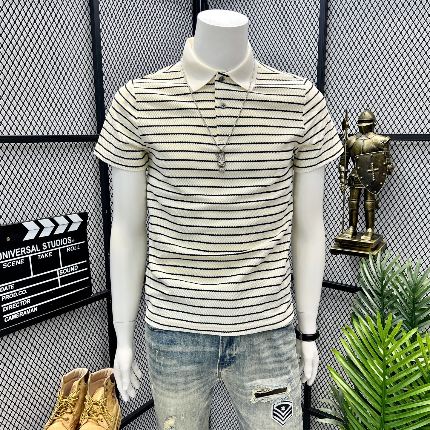 黑白条纹短袖t恤男2026新款夏装青年休闲潮流polo衫男上衣服翻领