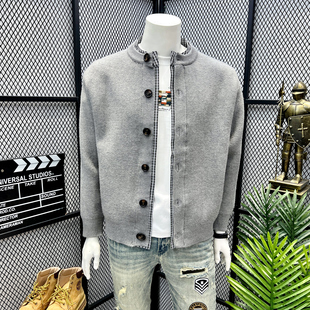 2025秋冬厚款 男青年痞帅百搭毛衣宽松休闲外套 拼接假两件针织开衫