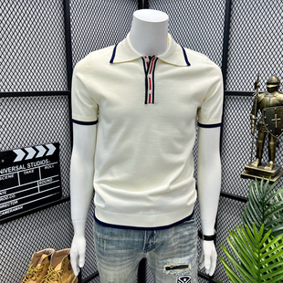 針織拼料上衣服透氣Polo衫 輕奢氣質(zhì)感撞色翻領(lǐng)毛衣短袖 保羅衫 男士