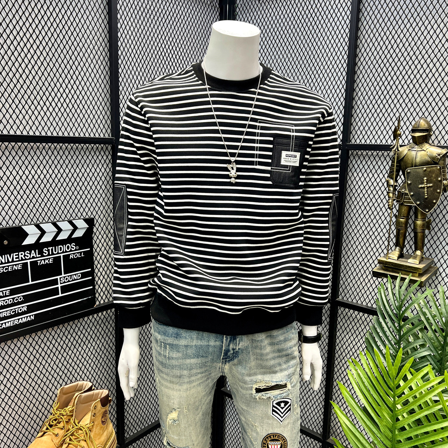 男士卫衣秋季设计感条纹刺绣上衣圆领冬装加绒加厚长袖T恤打底衫