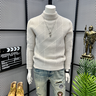 一体绒半高领雪尼尔毛衣男士加绒加厚保暖上衣冬装保暖针织打底衫