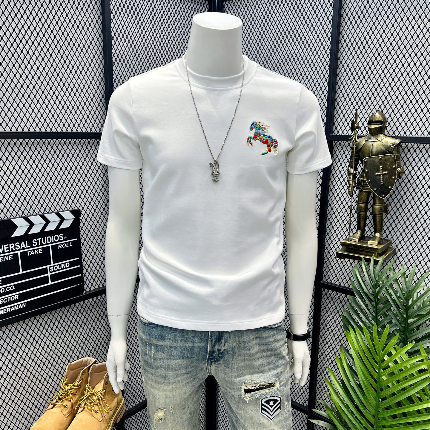 高端潮牌欧货夏季重磅厚款短袖t恤男休闲彩色马刺绣纯棉宽松上衣