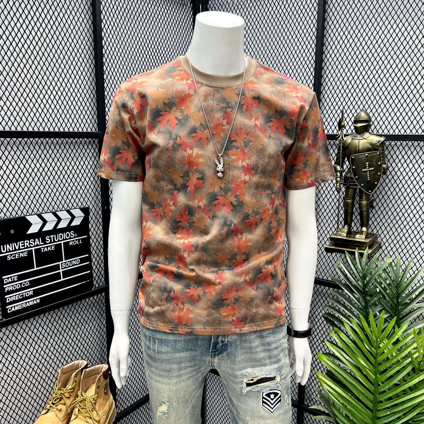 2026夏季新款潮牌设计感撞色枫叶圆领短袖T恤衫男士百搭潮流上衣