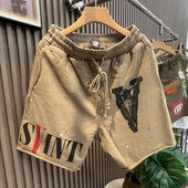 泼墨潮人松紧腰男裤 欧货夏季 运动裤 烂边高街嘻哈短裤 新款 重磅美式